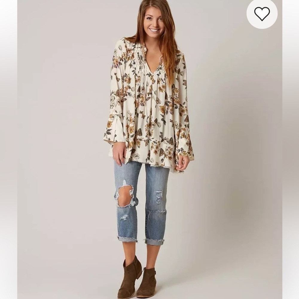 Free People Womens Pebble Crepe Butterfly Tunic  Ivory Fringe Boho Peasant Small - Picture 2 of 15